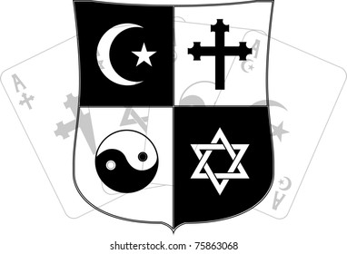 stencil of shield and religious symbols. vector illustration