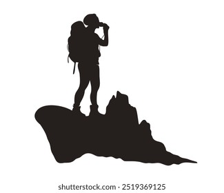 Stencil, silhouette of a climber tourist with a backpack and binoculars