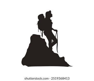 Stencil, silhouette of a tourist of a climber's woman with a backpack and lifting equipment