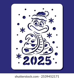 Plantilla con una serpiente, copo de nieve, texto 2025. Panel tallado con el símbolo chino del año nuevo. Caricatura. Plantilla para plotter láser de corte de papel, talla de madera, grabado de metal, cnc.