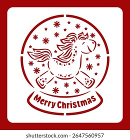 Stencil snow globe with cute horse. Christmas decoration with Chinese New Year symbol - a cheerful happy pony. Vector template for plotter laser cutting of paper, wood carving, metal engraving, cnc.