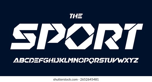Alfabeto esportivo de estêncil, conjunto de letras itálico inclinado negrito digital nítido, fonte geométrica em negrito para o logotipo do jogo espacial, manchete de velocidade AI, tipografia dinâmica, design de aplicativo espacial futuro moderno. Tipo de vetor