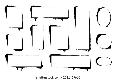 Stencil spray paint frame set. Grunge graffiti style black frame. Isolated vector illustration with drop paint border. Stencil spray effect.