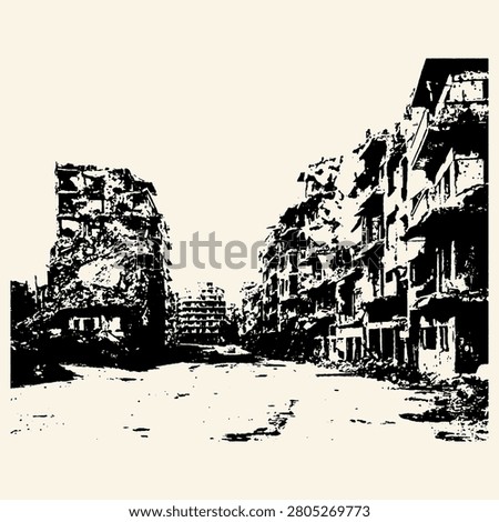 Stencil style illustration of a devastated urban street lined with damaged, ruined buildings on both sides