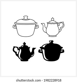 Stencil teapot and saucepan isolated on white. Kitchenware vector stock illustration. EPS 10
