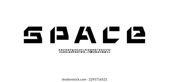 Stencil tech font, digital cyber alphabet, trendy modern Latin letters A, B, C, D, E, F, G, H, I, J, K, L, M, N, O, P, Q, R, S, T, U, V, W, X, Y, Z and Arab numerals 0, 1, 2, 3, 4, 5, 6, 7, 8, 9 made 