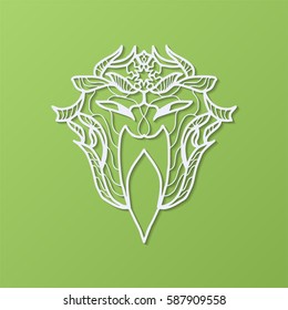 Stencil template of animal mask laser paper cut in geometric pattern for carnival festival.Lace die cut vector illustration for party invitation and greeting card in vintage style on green background