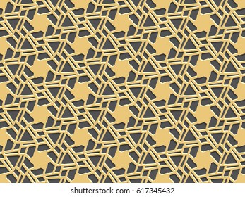 Stencil template of gold Arabesque laser paper cut in Arabic seamless pattern for Ramadan Kareem or Islamic festival.Lace vector illustration for wedding invitation and greeting card in vintage 