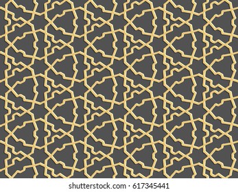 Stencil template of gold Arabesque laser paper cut in Arabic seamless pattern for Ramadan Kareem or Islamic festival.Lace vector illustration for wedding invitation and greeting card in vintage 