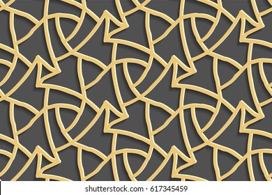 Stencil template of gold Arabesque laser paper cut in Arabic seamless pattern for Ramadan Kareem or Islamic festival.Lace vector illustration for wedding invitation and greeting card in vintage 