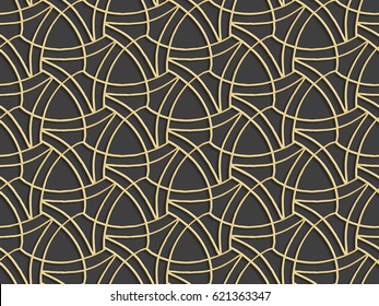 Stencil template of gold Arabesque laser paper cut in Arabic seamless pattern for Ramadan Kareem or Islamic festival.Lace vector illustration for wedding invitation and greeting card in vintage 