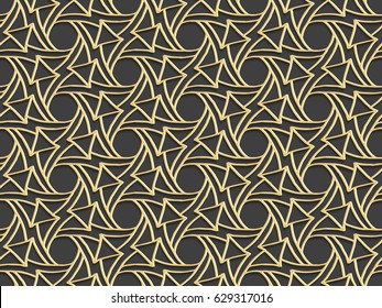 Stencil template of gold Arabesque laser paper cut in Arabic seamless pattern for Ramadan Kareem or Islamic festival.Lace vector illustration for wedding invitation and greeting card in vintage 