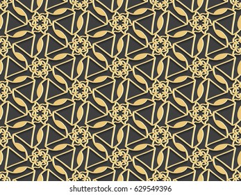 Stencil template of gold Arabesque laser paper cut in Arabic seamless pattern for Ramadan Kareem or Islamic festival.Lace vector illustration for wedding invitation and greeting card in vintage 