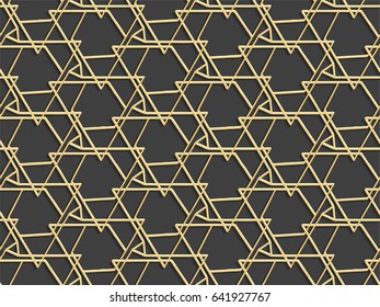 Stencil template of gold Arabesque laser paper cut in Arabic seamless pattern for Ramadan Kareem or Islamic festival.Lace vector illustration for wedding invitation and greeting card in vintage 