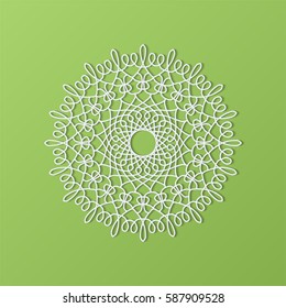 Stencil template of mandala laser paper cut in Arabic pattern for Ramadan Kareem festival.Lace die cut vector illustration for wedding invitation and greeting card in vintage style on green background
