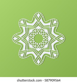 Stencil template of mandala laser paper cut in Arabic pattern for Ramadan Kareem festival.Lace die cut vector illustration for wedding invitation and greeting card in vintage style on green background