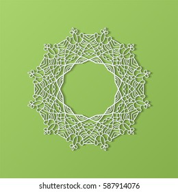 Stencil template of mandala laser paper cut in Arabic pattern for Ramadan Kareem festival.Lace die cut vector illustration for wedding invitation and greeting card in vintage style on green background