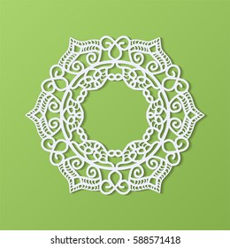 Stencil template of mandala laser paper cut in Arabic pattern for Ramadan Kareem festival.Lace die cut vector illustration for wedding invitation and greeting card in vintage style on green background