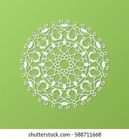Stencil template of mandala laser paper cut in Arabic pattern for Ramadan Kareem festival.Lace die cut vector illustration for wedding invitation and greeting card in vintage style on green background