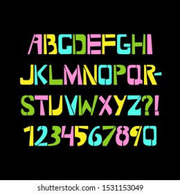 Stencil typeface. Colorful vector uppercase characters on black background. Typography alphabet for your designs: logo, typeface, card