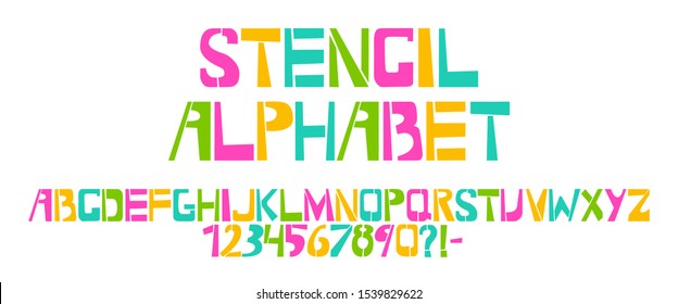 Stencil typeface. Colorful vector uppercase characters on white background. Typography alphabet for your designs: logo, typeface, card