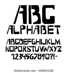 Stencil typeface with spray texture. Painted vector uppercase characters on white background. Typography alphabet for your designs: logo, typeface, card