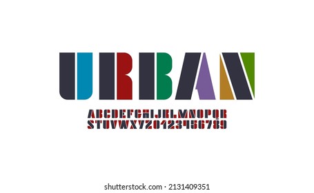 Stencil ultra bold font, modern technology alphabet, urban multi colored letters and numbers, vector illustration 10eps