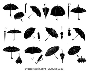 Stencil umbrellas. Folded parasol, open umbrella for rainy weather or sunshade. Different shape accessories black silhouette vector icon set of parasol weather accessory