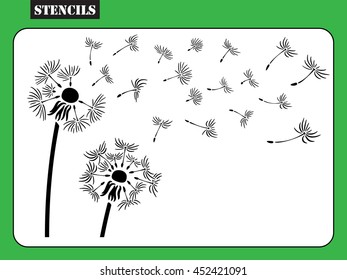 Stencil. Vector Dandelion silhouette. Flying dandelion buds black on white.  Laser cutting wall art decor.