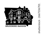 Stencil vector illustration of Brucemore Mansion in Iowa, USA. Historic architecture silhouette on state map background. Decorative design for travel, tourism, heritage and souvenir concepts.
