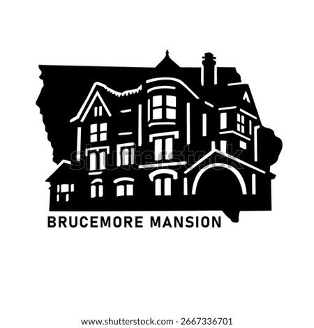 Stencil vector illustration of Brucemore Mansion in Iowa, USA. Historic architecture silhouette on state map background. Decorative design for travel, tourism, heritage and souvenir concepts.