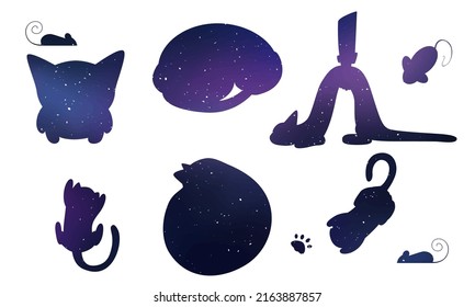 Stencil. Vector image of flat isolated cats on a white space color background. Cats and kittens lie, play, spin the ball, pull themselves up nicely. The illustration has animals, fish, cat paws, food