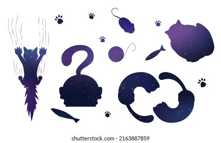 Stencil. Vector image of flat isolated cats on a white space color background. Cats and kittens lie, play, spin the ball, pull themselves up nicely. The illustration has animals, fish, cat paws, food