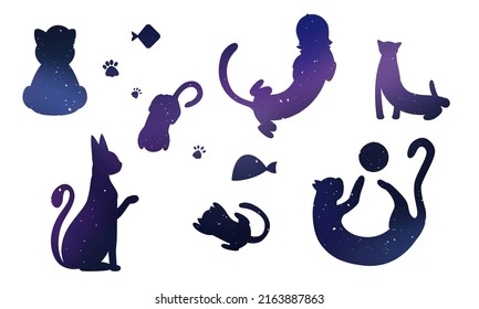 Stencil. Vector image of flat isolated cats on a white space color background. Cats and kittens lie, play, spin the ball, pull themselves up nicely. The illustration has animals, fish, cat paws, food