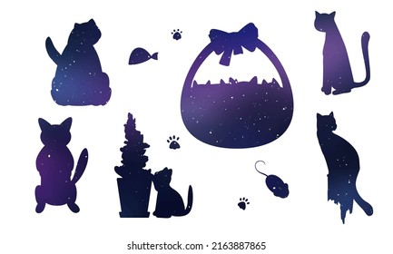 Stencil. Vector image of flat isolated cats on a white space color background. Cats and kittens lie, play, spin the ball, pull themselves up nicely. The illustration has animals, fish, cat paws, food