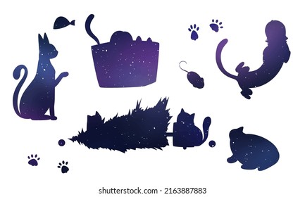 Stencil. Vector image of flat isolated cats on a white space color background. Cats and kittens lie, play, spin the ball, pull themselves up nicely. The illustration has animals, fish, cat paws, food