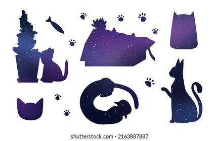 Stencil. Vector image of flat isolated cats on a white space color background. Cats and kittens lie, play, spin the ball, pull themselves up nicely. The illustration has animals, fish, cat paws, food
