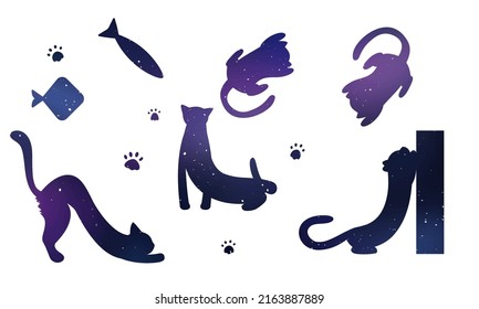 Stencil. Vector image of flat isolated cats on a white space color background. Cats and kittens lie, play, spin the ball, pull themselves up nicely. The illustration has animals, fish, cat paws, food