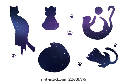 Stencil. Vector image of flat isolated cats on a white space color background. Cats and kittens lie, play, spin the ball, pull themselves up nicely. The illustration has animals, fish, cat paws, food