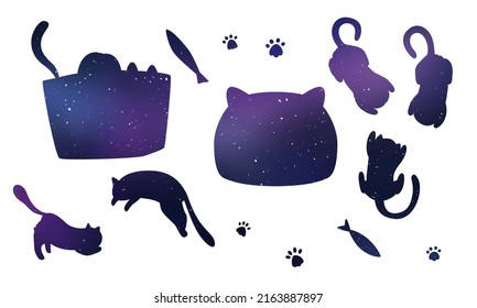 Stencil. Vector image of flat isolated cats on a white space color background. Cats and kittens lie, play, spin the ball, pull themselves up nicely. The illustration has animals, fish, cat paws, food