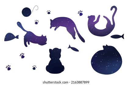 Stencil. Vector image of flat isolated cats on a white space color background. Cats and kittens lie, play, spin the ball, pull themselves up nicely. The illustration has animals, fish, cat paws, food