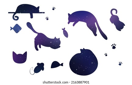 Stencil. Vector image of flat isolated cats on a white space color background. Cats and kittens lie, play, spin the ball, pull themselves up nicely. The illustration has animals, fish, cat paws, food