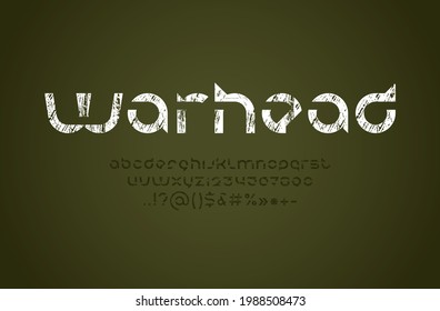 Stencil white erased font, round military alphabet, modern letters and numbers, vector illustration 10EPS