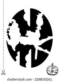 Stencil witch with a broom and a cat. Halloween pumpkin stencil. Printable page, book with stencils and 3d pumpkin mockup.