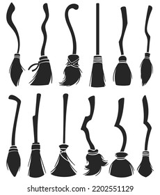 Stencil Witch Brooms. Magic Halloween Broomstick, Cleaning Brush Stick And Old Wizard Broom Silhouette Vector Set Of Broomstick And Broom For Halloween Illustration