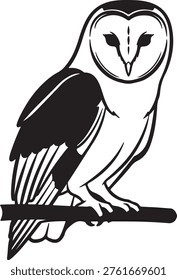 Stenciled barn owl bird illustration, perched raptor silhouette, night hunter predator design, decorative avian icon