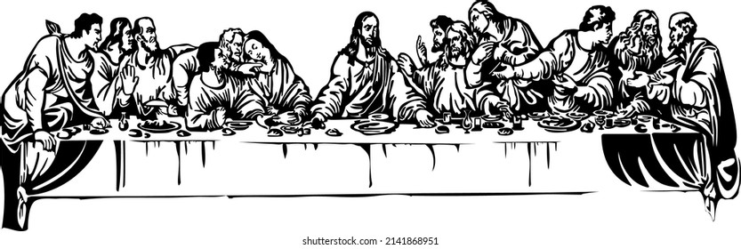 stenciled illustration of the holy supper. Jesus with the Twelve Apostles