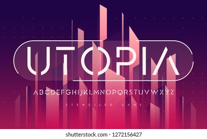 Stenciled minimal san serif, alphabet, uppercase letters, typography. Vector illustration.