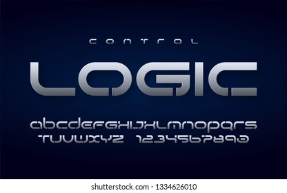 Stenciled technology metallic uppercase letters and numbers, alphabet. Vector illustration.