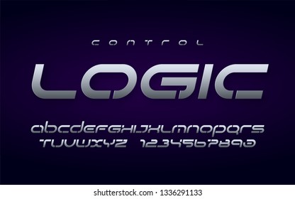 Stenciled technology metallic uppercase letters and numbers, alphabet. Vector illustration.